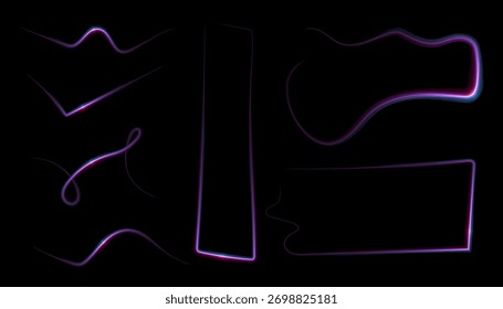 Set von bunten Neon glühenden Rahmen und Grenzen auf schwarzem Hintergrund