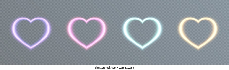 A set of colorful neon glowing hearts. Bright glowing neon frame of bright glowing beams for Valentine's Day. vector png