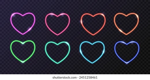 Set of colorful neon hearts with flashes isolated on transparent backdrop. Vector icons of glowing heart-shaped wires with highlights
