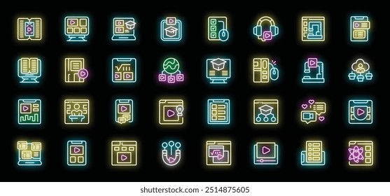 Set of colorful neon icons featuring various aspects of online education, highlighting the convenience and accessibility of digital learning