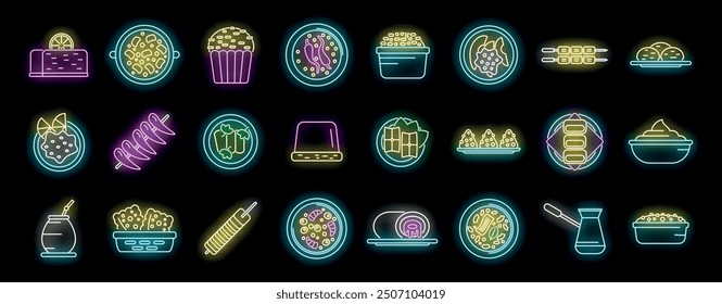 Set of colorful neon icons representing various international dishes, showcasing the diversity of global culinary delights