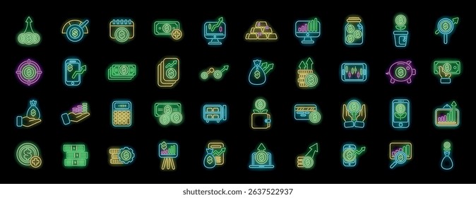 Set of colorful neon icons symbolizing various aspects of finance, from investment and profit to money growth and savings