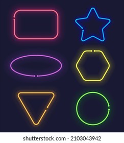 Set of colorful neon illuminated frames. Red, green, blue, orange, yellow, purple. Vector illustration.