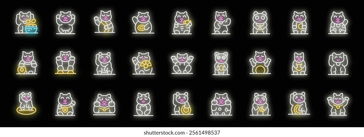 Set of colorful neon maneki neko icons representing welcoming, beckoning, good fortune, luck, wealth, money, prosperity, and happiness