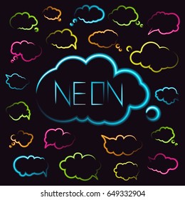 Set of colorful neon speech bubbles. Glowing stickers of dialog thought with space for your text