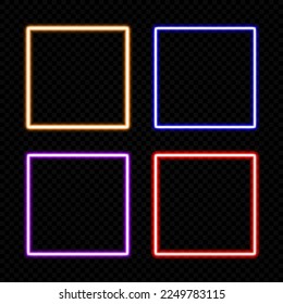 Set von bunten Neon-Quadrat-Rahmen einzeln auf schwarzem Hintergrund. Rechteck-Formen mit leuchtendem Hintergrundbeleuchtungseffekt.