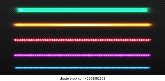 Set of colorful neon tubes. Red, yellow, blue and violet rgb strips on copy space. Element of decor and illumination for home. Realistic neon vector collection isolated on transparent background