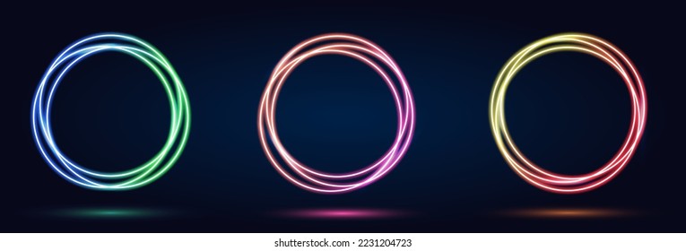 Conjunto de coloridas colecciones vectoriales de neón. Forma de círculo con iluminación de neón sobre fondo oscuro. Fondo abstracto con gradiente líquido. Fantástico y moderno estilo tecnológico futurista.