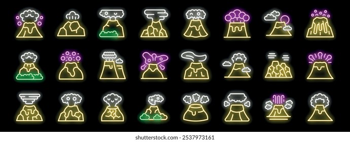 Set of colorful neon volcano eruption icons glowing on black background, representing different stages and types of volcanic activity