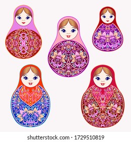 Set of colorful nesting dolls. Traditional russian pattern - art symbol. Classical design and decorating, vector print.