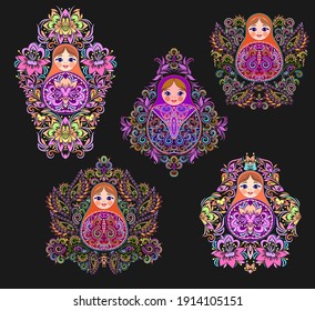 Set of colorful nesting dolls. Traditional russian pattern - art symbol. Classical design and decorating, vector print.