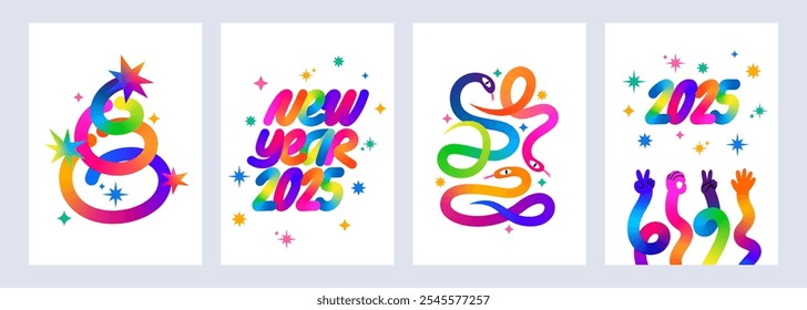 Set of Colorful New Year 2025 Backgrounds. Abstract Posters with Rainbow Christmas Tree, New Year's Lettering, Snakes - Symbol of the Year and Wavy Hands. Swirl Gradient Vector Line Shapes