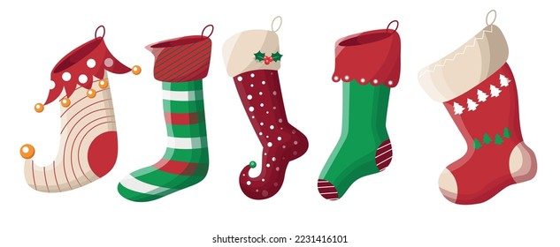 Set of colorful New Years socks in cartoon style. Vector illustration of different types of Christmas socks that can be used as decorations or gifts on white background.