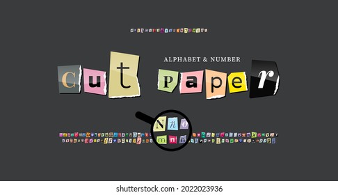 Set of colorful newspaper torn letters, alphabet fonts, letters and numbers torn from a glossy magazine.