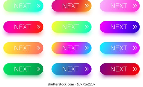 Set of colorful next icons with arrow isolated on white background. Vector illustration.
