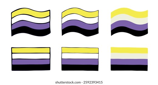 Set of colorful Non-binary pride flag Happy pride day LGBTQIA community Pride Month Vector hand drawn doodle for posters, stickers, logo, cards