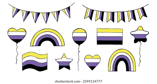 Set of colorful Non-binary pride flag Happy pride day LGBTQIA community Pride Month Vector hand drawn doodle for posters, stickers, logo, cards