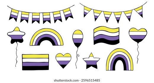 Set of colorful Non-binary pride flag Happy pride day LGBTQIA community Pride Month Vector hand drawn doodle for posters, stickers, logo, cards