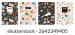 Set of colorful notebook covers with editable seamless patterns featuring school supplies, books, space elements and science items. Trendy vector illustration, hand drawn, flat design backgrounds