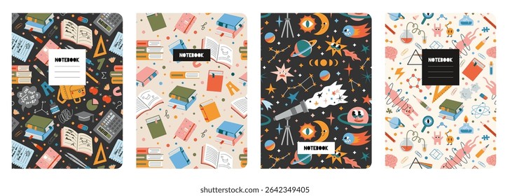 Set of colorful notebook covers with editable seamless patterns featuring school supplies, books, space elements and science items. Trendy vector illustration, hand drawn, flat design backgrounds