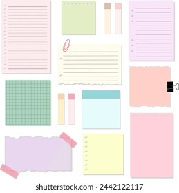 Conjunto de papel de memo de cuaderno colorido con máscara e ilustración vectorial de clip de papel