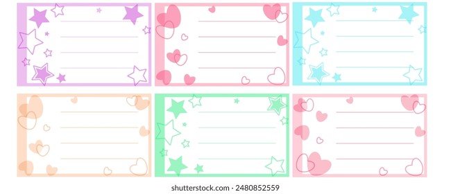 Conjunto de pegatinas de nombre de cuaderno de colores con estrellas y corazones. Ilustración vectorial de útiles escolares.