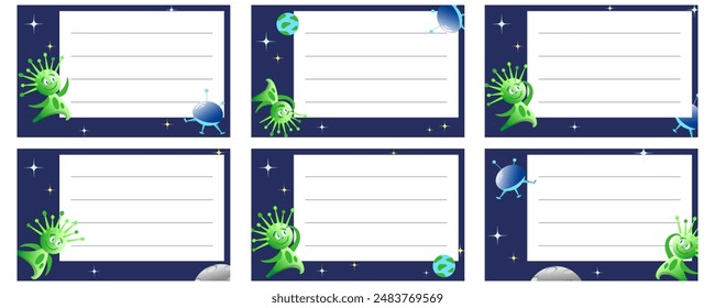 Set of colorful notebook name stickers with green alien, spaceship, planets and stars. Vector illustration for school supplies. Labels.