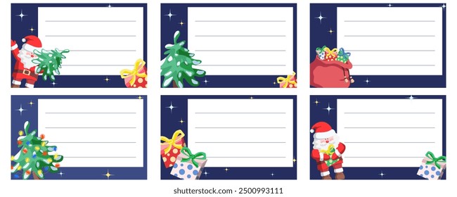 Set of colorful notebook name stickers with Santa Claus, Christmas tree and gifts. Vector illustration for school supplies. Labels.