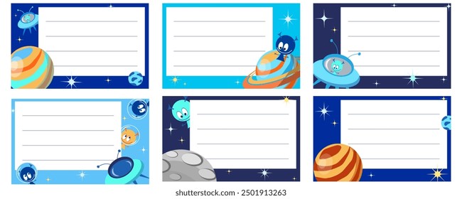 Set of colorful notebook name stickers with cute alien, spaceship, planets and stars. Vector illustration for school supplies. Labels.