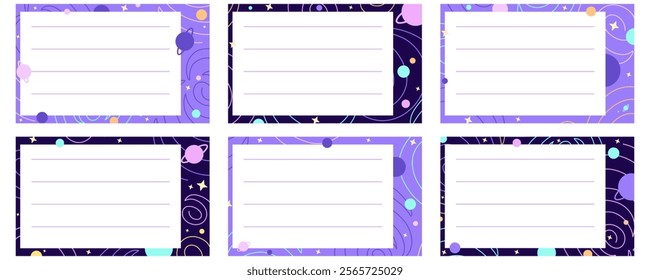 Set of colorful notebook name stickers with space themed. Copy space. Vector illustration for school supplies. Labels.