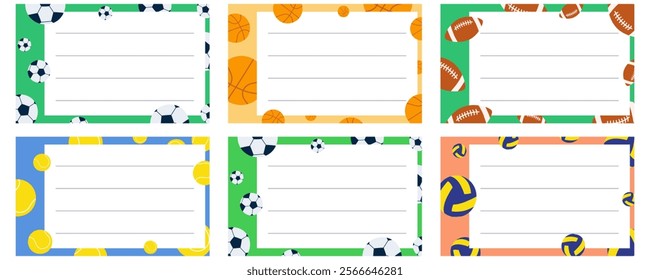 Set of colorful notebook name stickers with football, basketball, tennis, american football, volleyball sports balls and copy space. Vector illustration for school supplies, posters, print. Labels.