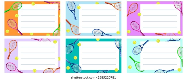 Set of colorful notebook name stickers with tennis rackets and balls. Vector illustration of school supplies, print. Labels.