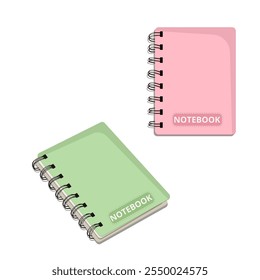 Conjunto de cuadernos de colores, útiles escolares, colección de papelería sobre un fondo aislado, Ilustración vectorial