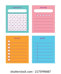 Set of colorful notes, calendars, reviews, memo paper illustrations.