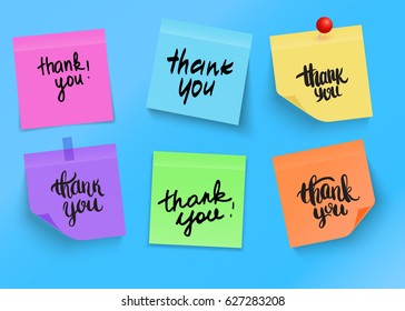 Set of colorful notes with handwritten phrase Thank you. Vector.