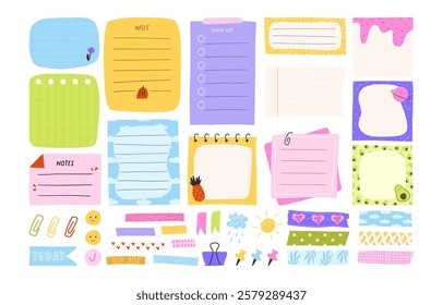 Set of colorful notes and memos for planner and journaling, flat vector illustration isolated on white background. Cute cartoon washi tapes and pins. Stickers for diary.