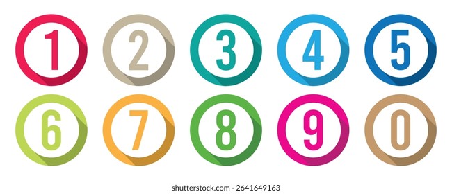 Set of colorful number bullet point button from 0 to 9 flat design with long shadow vector.