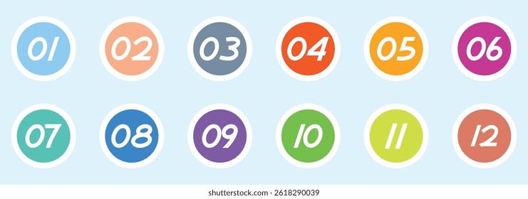 Set of colorful number button from 1 to 12 flat design. Vector illustration.