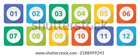 Set of colorful number button from 1 to 12 flat design. Vector illustration.