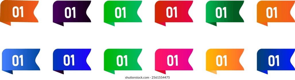 Set of colorful, number icon, bullet point markers 1 to 12 with shadow
