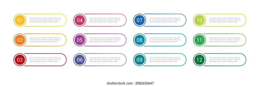 Establezca opciones de números coloridos para las aplicaciones de interfaz. Diseño web de elementos Button. Infografías 1 a 12. Plantilla de ilustración de vector