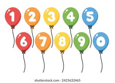 Set of colorful numbered balloons illustration. Baby and kids party decoration.