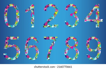 Set of colorful numbers from 0 to 9 on a blue background
