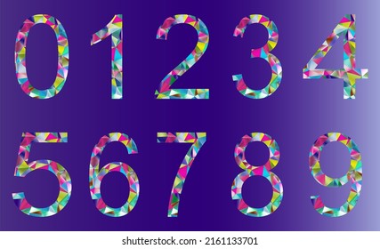 Set of colorful numbers from 0 to 9 on a violet background