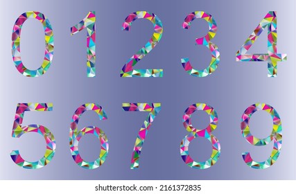 Set of colorful numbers from 0 to 9 on a violet background