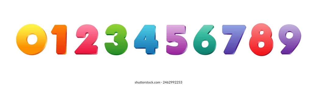 Set of colorful numbers from 0 to 9. Sale concept. School decoration template. Collection of creative digits. Abstract isolated clipart. Math cartoon element. Discount coupon idea. 3D art style.