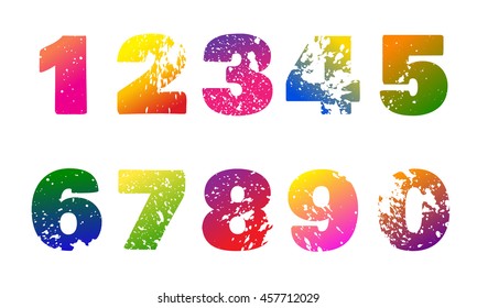 Set of colorful numbers with carved grunge spots on white background vector illustration