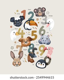 Set of colorful numbers with cute animals and birds with tiny stars and doodles on a beige background