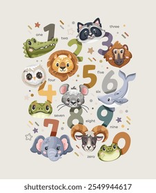 Set of colorful numbers with cute animals and birds with tiny stars and doodles on beige background