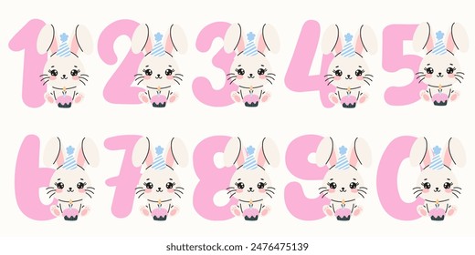 Set of colorful numbers with cute bunny. Pink numbers from 1 to 9 with rabbit. Vector illustration with white bunny. Element for children's birthday invitation, greeting card and cake toppers.